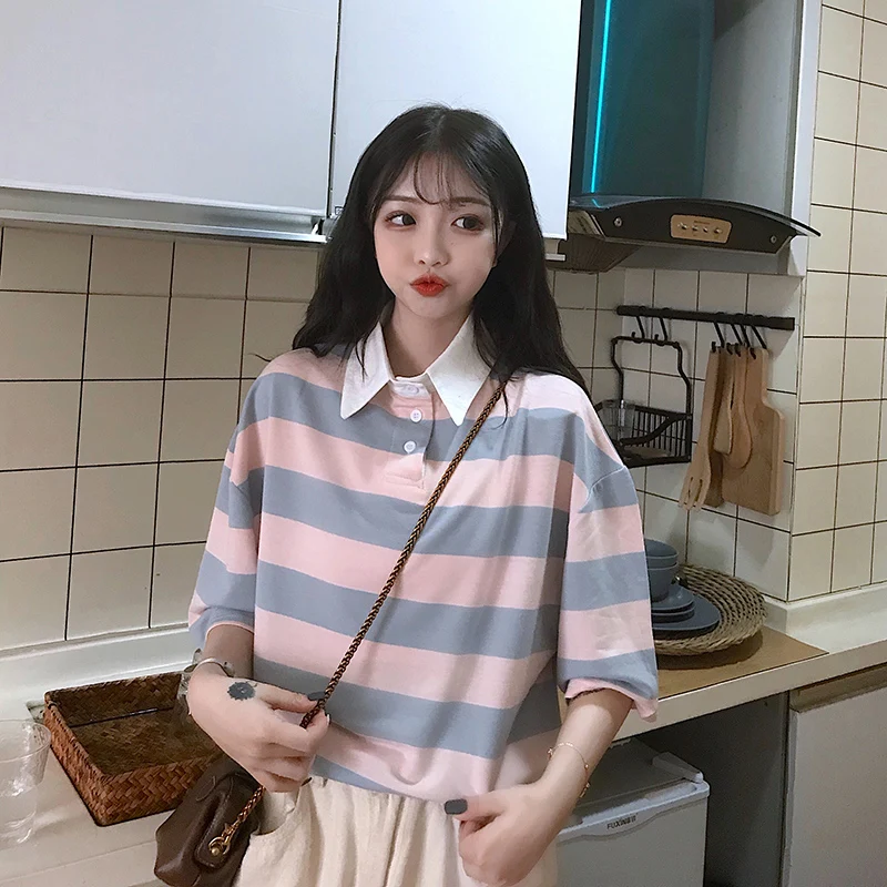 2019 в Корейском стиле новая мода Harajuku женская летняя футболка полоску с коротким