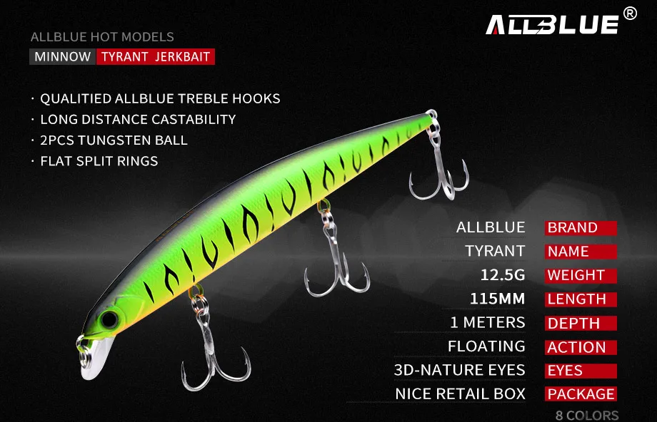 Allblue Tyrant Jerkbait 115F Floating Minnow Bass Pike Hard Fishing Lure Wi...