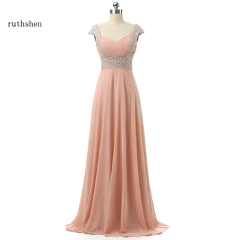

ruthshen Hot Vestido Dama De Honra With Beaded Cap Sleeves Blush Pink Draped Chiffon Long Peach Bridesmaid Dresses Cheap
