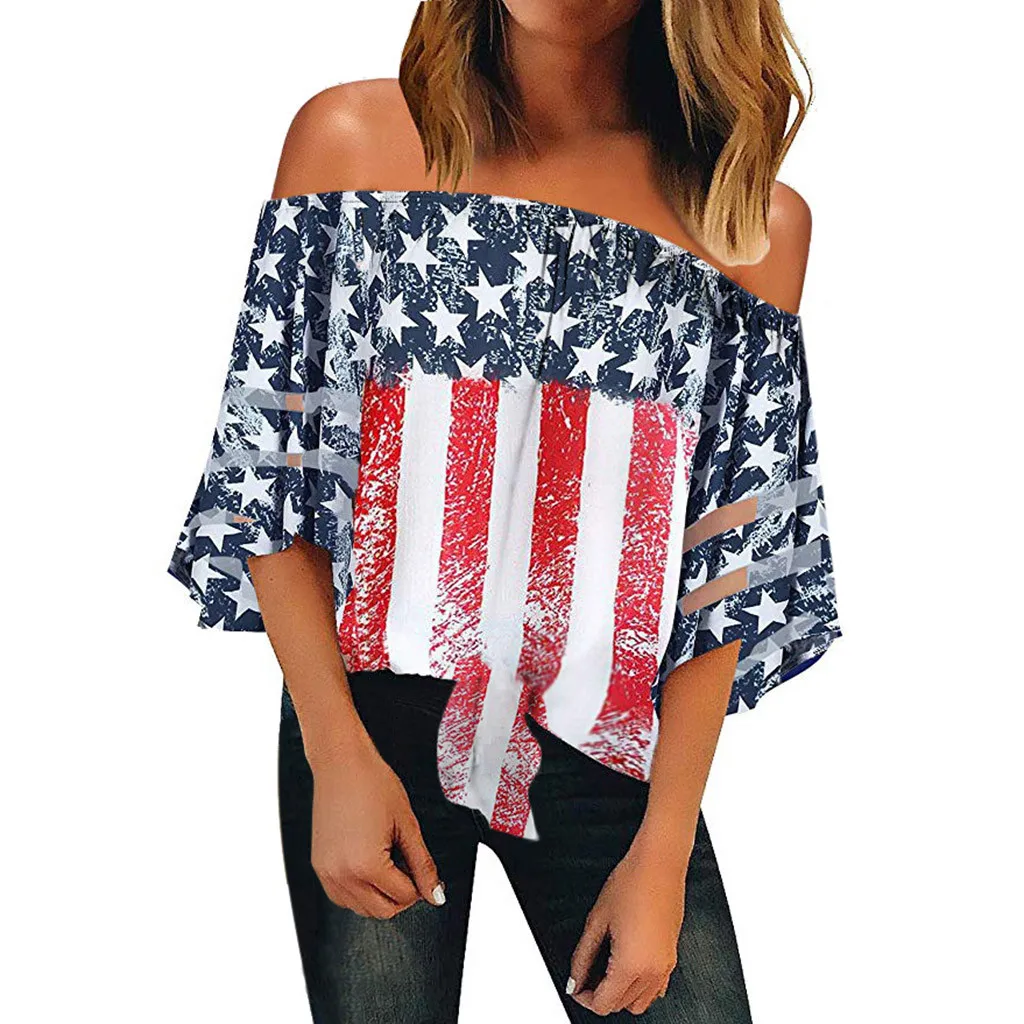 Feitong 4th of July T Shirt Women American Flag Off Shoulder Mesh Panel Summer Top 3/4 Bell Sleeve Top Shirt Camiseta Mujer 2019
Feitong 4th of July T Shirt Women American Flag Off Shoulder Mesh Panel Summer Top 3/4 Bell Sleeve Top Shirt Camiseta Mujer 2019