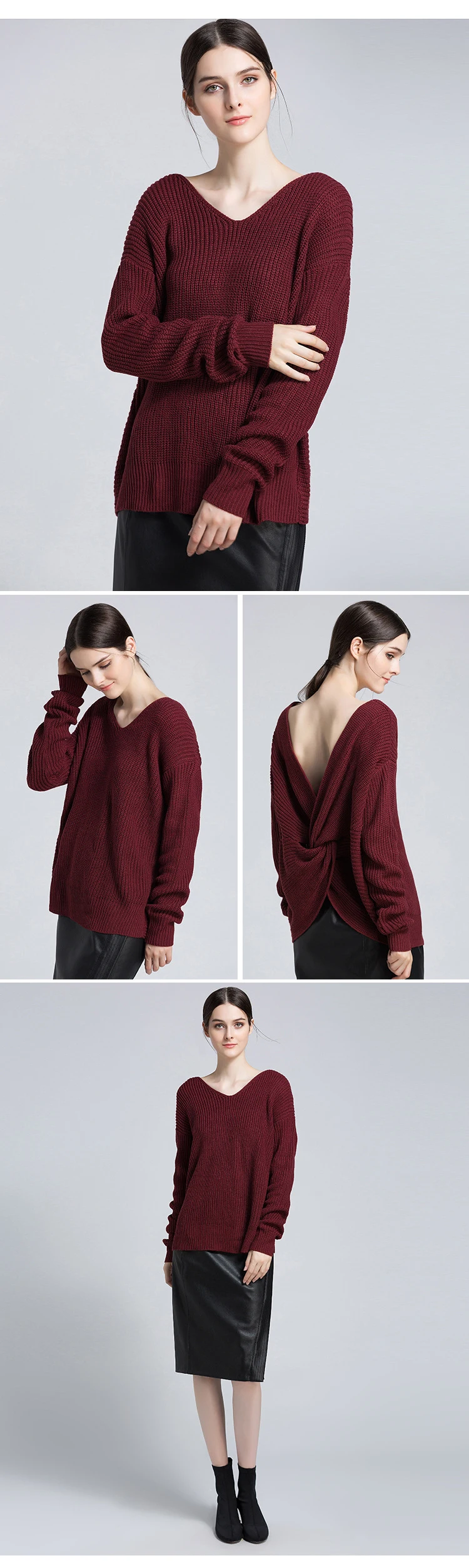 European and American women's spring and autumn and winter new solid color V-neck pullover sweater sexy leak-back sweater (6)