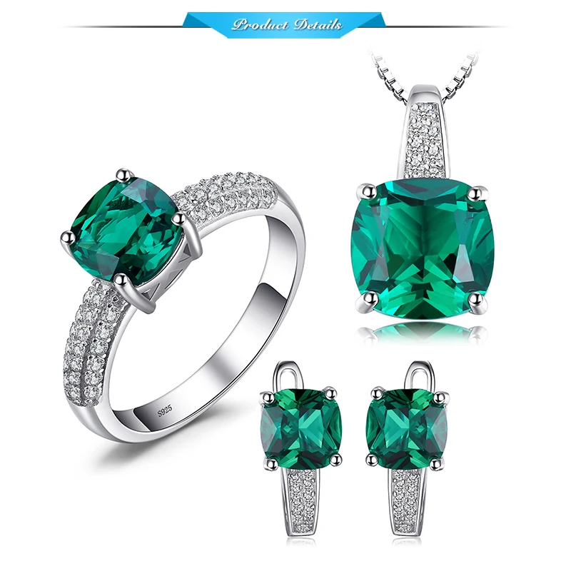 JewelryPalace 8.7ct Emerald Ring Pendant Clip Earrings Jewelry Set 925 Sterling Silver Fine Jewelry 45cm Box Chain 24