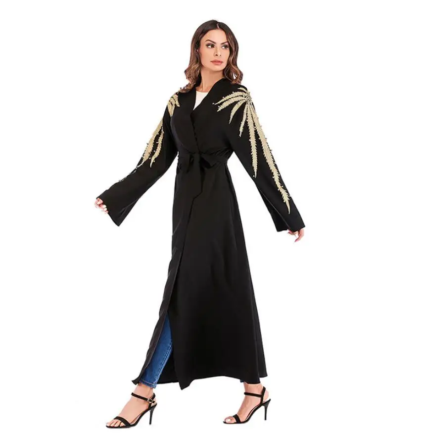 Черный вышитый бисером Дубай Abaya кимоно кардиган с бусинами мусульманские платья