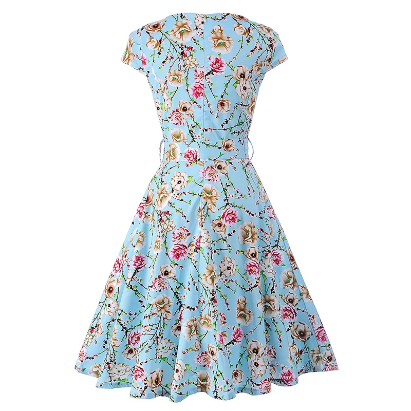 Kostlish Floral Print Summer Sundress 2017 Short Sleeve Belt Tunic Vintage Dress Women Elegant Swing Rockabilly Party Dresses (8)