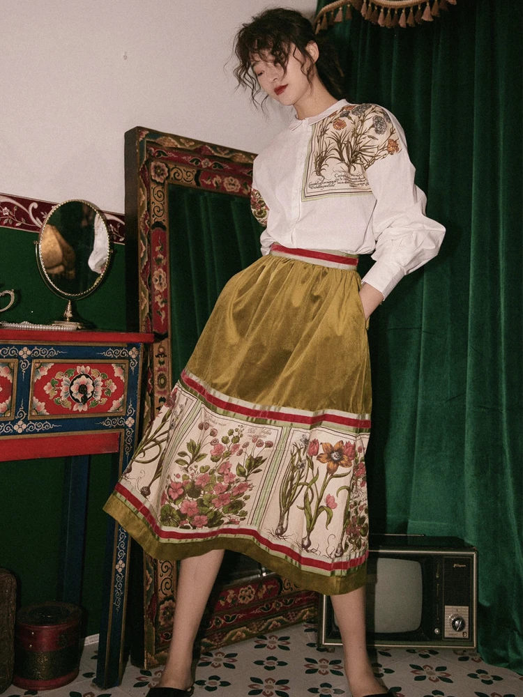 Fashion Designer Runway Set Spring Women Floral Leaf Print Lantern Sleeve Casual Holiday Shirt+Elastic Waist Velvet Skirt Sets
Fashion Designer Runway Set Spring Women Floral Leaf Print Lantern Sleeve Casual Holiday Shirt+Elastic Waist Velvet Skirt Sets