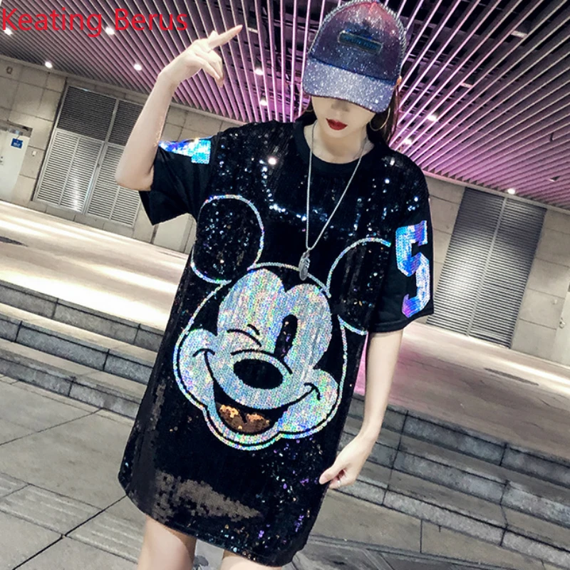 2019 Women's Short-sleeved Metal Sequins Long Section T-shirt Mickey Mouse Cartoon Cute Metal Piece Loose Round Neck Women Tops
2019 Women's Short-sleeved Metal Sequins Long Section T-shirt Mickey Mouse Cartoon Cute Metal Piece Loose Round Neck Women Tops