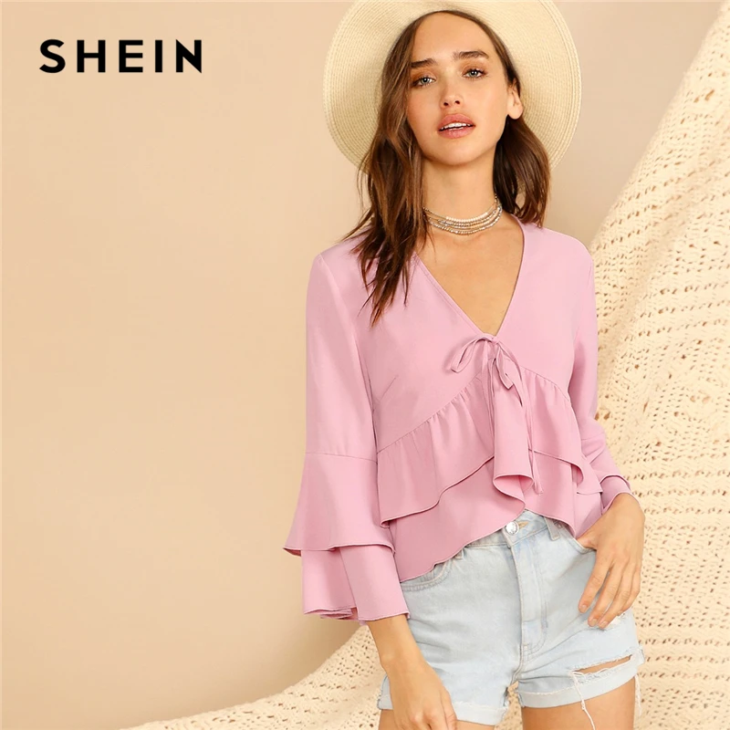 SHEIN Bell Sleeve Knot Detail Tiered Top Women Three Quarter Sleeve V Neck Ruffle Pink Pastel Spring Autumn Ruffle Hem Blouses
SHEIN Bell Sleeve Knot Detail Tiered Top Women Three Quarter Sleeve V Neck Ruffle Pink Pastel Spring Autumn Ruffle Hem Blouses