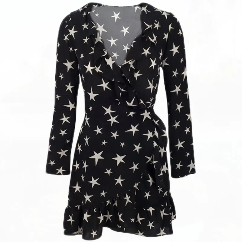 2019 Spring Summer Women V-Neck Stars Black Wrap Dresses With Ruffles Ladies Sexy Vintage Dresses
2019 Spring Summer Women V-Neck Stars Black Wrap Dresses With Ruffles Ladies Sexy Vintage Dresses