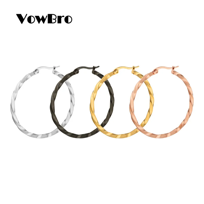 VowBro Girls Women Earrings 304 Stainless Steel Hoop Gold color Twist Round 15-60mm | Украшения и аксессуары