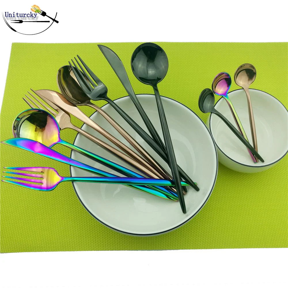 Multi-color Rainbow/Black/Rose Dinner Set Wedding Travel Cutlery Stainless Steel Fork Teaspoon Dinner Knife Silverware Set For 1
Multi-color Rainbow/Black/Rose Dinner Set Wedding Travel Cutlery Stainless Steel Fork Teaspoon Dinner Knife Silverware Set For 1