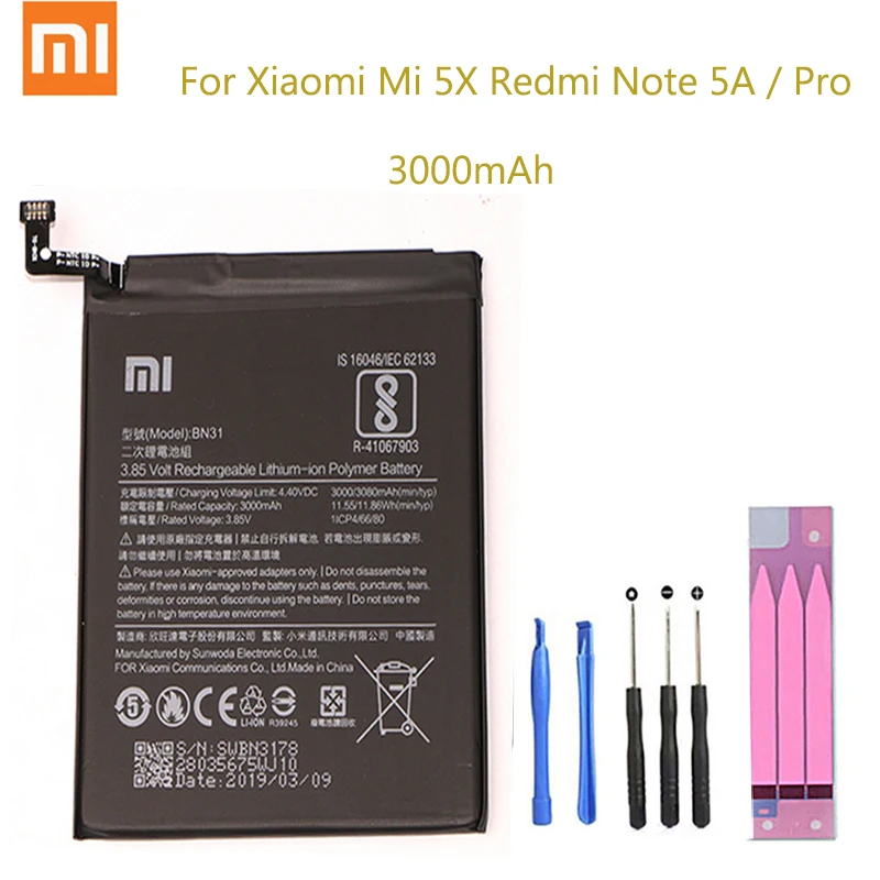 Xiao Mi Original Phone Battery BN31 for Xiaomi Mi 5X Mi5X Redmi Note 5A / Pro Mi A1 Redmi Y1 Lite S2 3000mAh Batteries + Tools
Xiao Mi Original Phone Battery BN31 for Xiaomi Mi 5X Mi5X Redmi Note 5A / Pro Mi A1 Redmi Y1 Lite S2 3000mAh Batteries + Tools