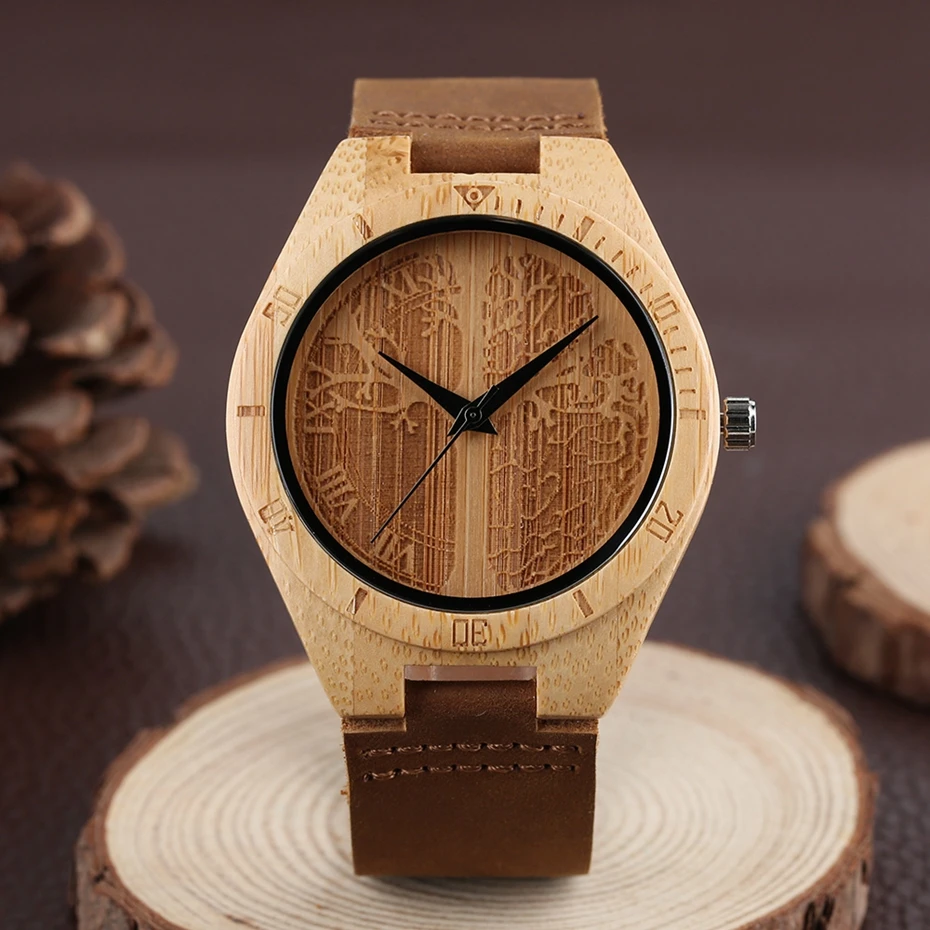 Life Tree Natural Wood Watch Men's Handcrafted Craving Quartz Analog Simple Leather Band Clock Bamboo Wood Wrist Watches for Men (7)