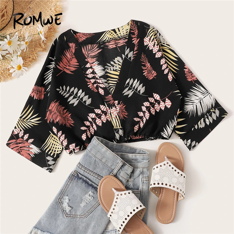 ROMWE Multicolor Plants Print Crop Blouse Women Summer 2019 V neck 3/4 Sleeve Bohemian Beach Vacation Tops And Blouses
ROMWE Multicolor Plants Print Crop Blouse Women Summer 2019 V neck 3/4 Sleeve Bohemian Beach Vacation Tops And Blouses