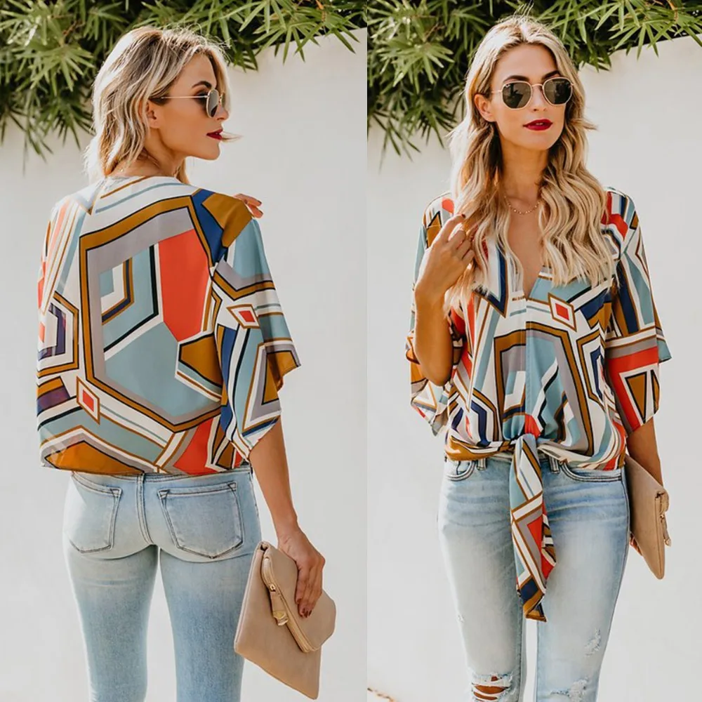 Women Fashion Geometric Print V-neck Shirt Summer Half Sleeves Loose Casual Chiffon Tops Drawstring Blouse
Women Fashion Geometric Print V-neck Shirt Summer Half Sleeves Loose Casual Chiffon Tops Drawstring Blouse