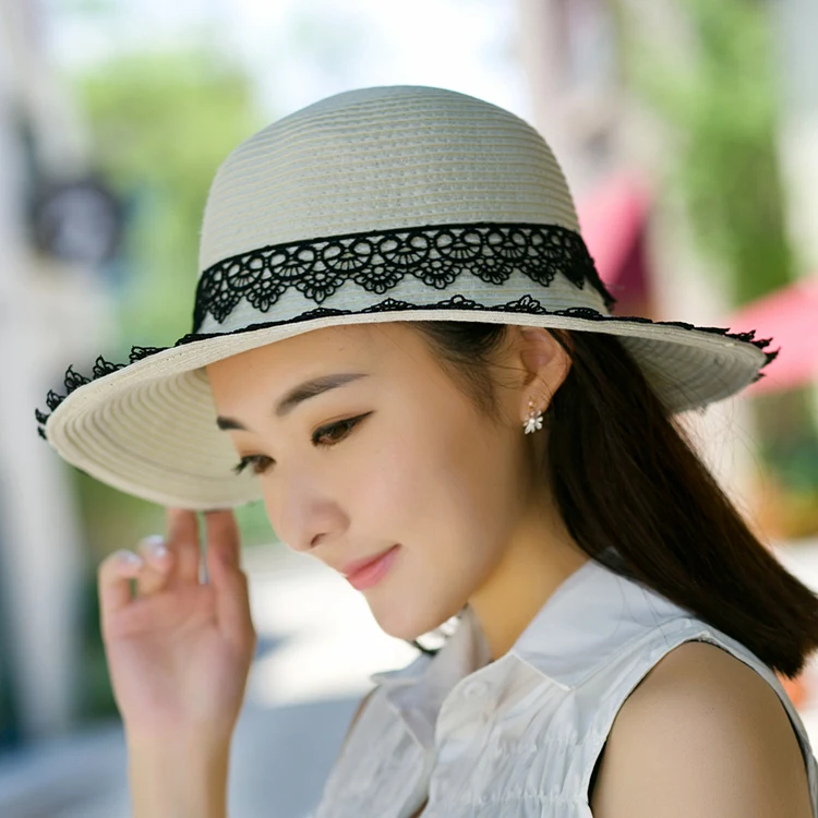 

Straw Hat British Lace Sun Protection Hats Summer Female Korean Version Sun Shade Cap Beach Fashion Breathable Cool Caps H3177