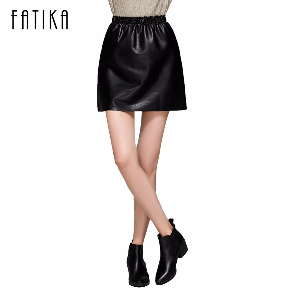 Image FATIKA New 2017 Fashion Women Black Yellow Faux Leather A line Mini Skirt Elastic Waist Casual Brand Cozy Skirts