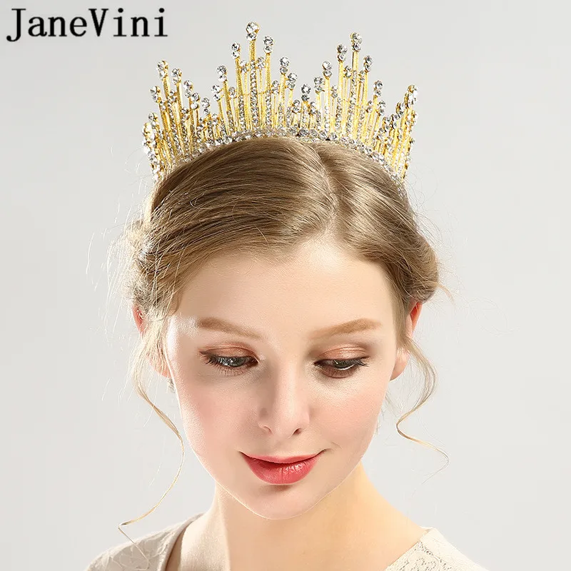 

JaneVini Luxury Gold Crystal Wedding Crowns and Tiaras Bling Rhinestone Bridal Crowns for Wedding with Pearls Head Jewelry 2018