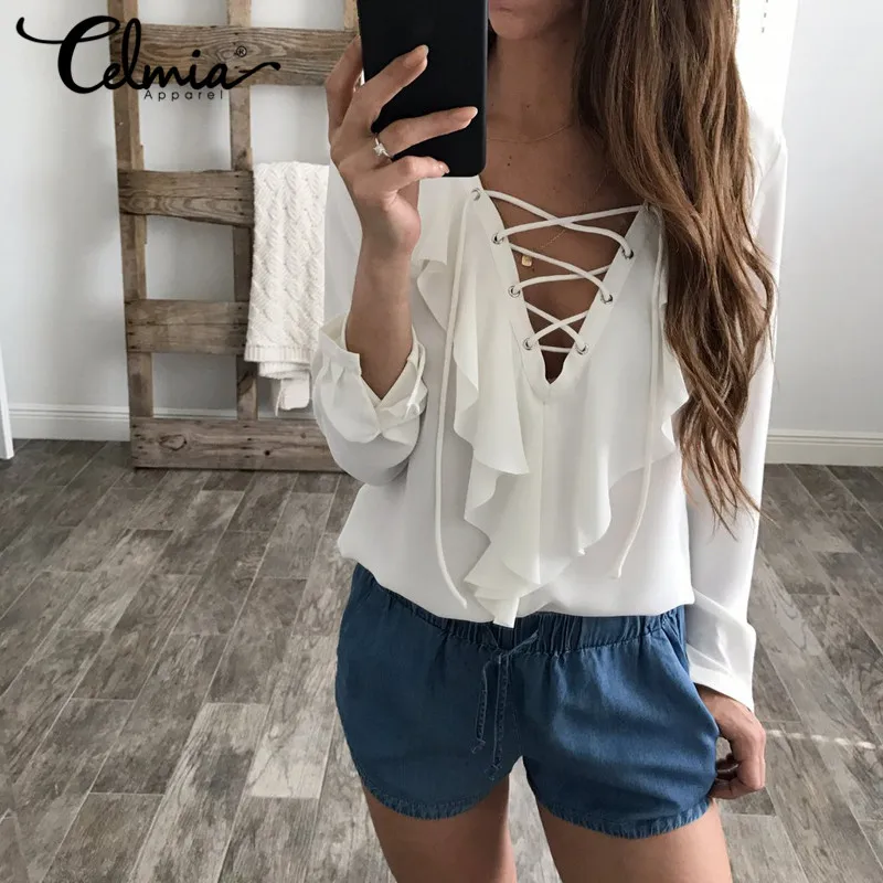 2019 Fashion Spring Summer Women Chiffon Blouse Sexy Lace Up V Neck Ruffles Long Sleeve Black White Top Casual Shirt Plus Size
2019 Fashion Spring Summer Women Chiffon Blouse Sexy Lace Up V Neck Ruffles Long Sleeve Black White Top Casual Shirt Plus Size