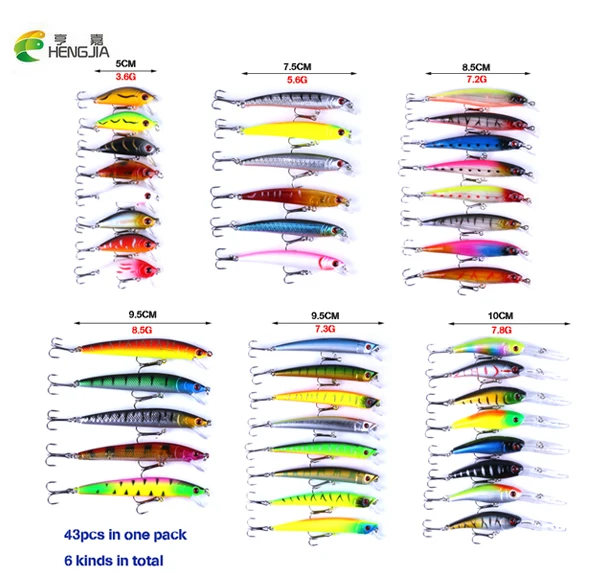 HENGJIA 43pcs Assorted Size Minnow Fly Fishing Lures Pencil Popper Crankbaits Carp Wobbler Accessories | Спорт и развлечения