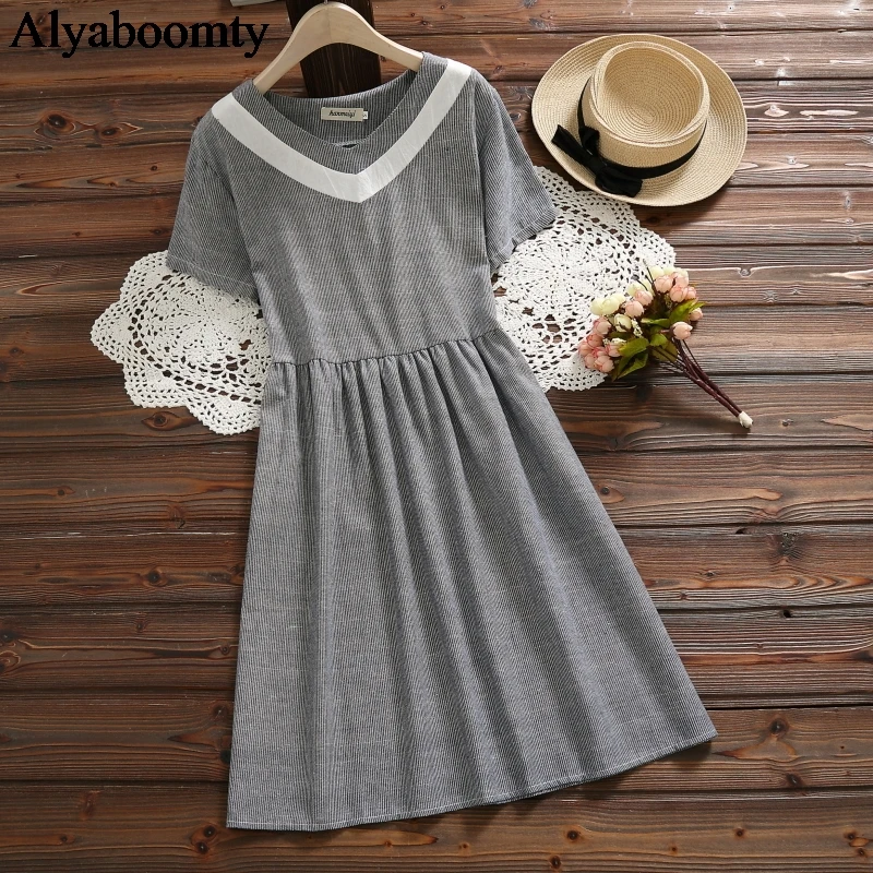 Preppy Style Summer Women Stripe Dress V Neck Contrast Color Casual Vestidos Femininos Short Sleeve Cotton Linen Vintage Dresses
Preppy Style Summer Women Stripe Dress V Neck Contrast Color Casual Vestidos Femininos Short Sleeve Cotton Linen Vintage Dresses