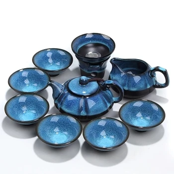 Full set of ceramic eye drops blue glaze cover bowl Kung Fu tea set kiln building tea cup set product cup teapot tea kettle
Full set of ceramic eye drops blue glaze cover bowl Kung Fu tea set kiln building tea cup set product cup teapot tea kettle