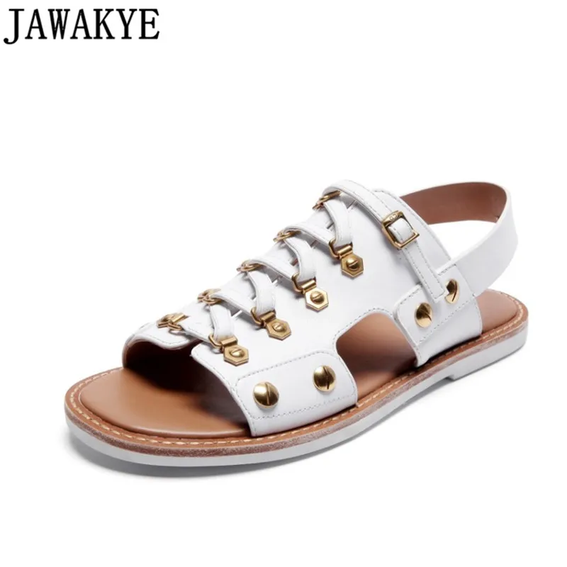 

Genuine leather gladiator sandals women flat heels ankle buckled strap rivets studded crossover summer casual beach shoes