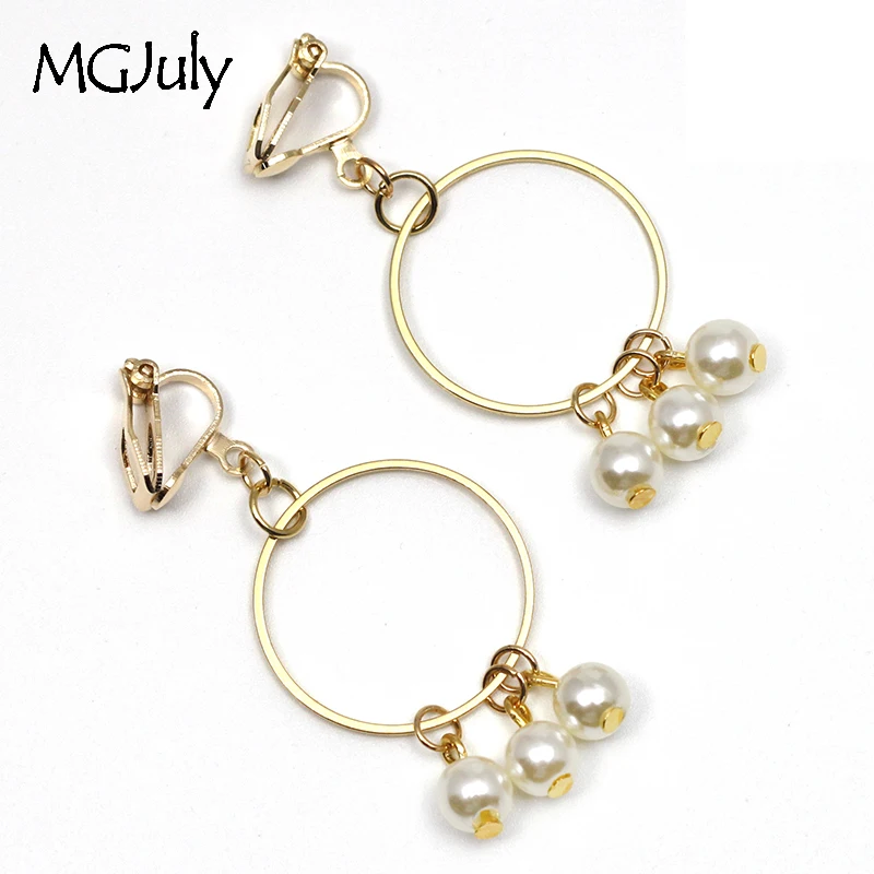 

Simulated-Pearl Earrings No Hole Ear Clips Simple Style Metal Round Pearls Clip Earrings No Pierced Women Tassels Earring CE085