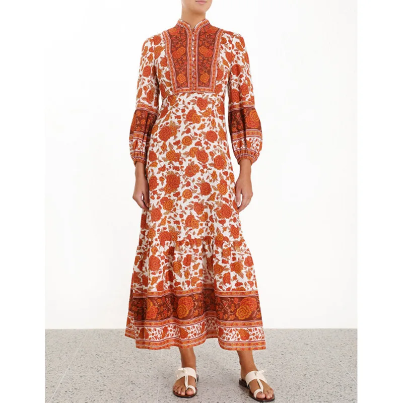 Top Quality Women's Runway Dress Luxury Printed Stand Collar Buttons Long Dresses Designer Autumn Ruffle Lantern Sleeves Vestido
Top Quality Women's Runway Dress Luxury Printed Stand Collar Buttons Long Dresses Designer Autumn Ruffle Lantern Sleeves Vestido