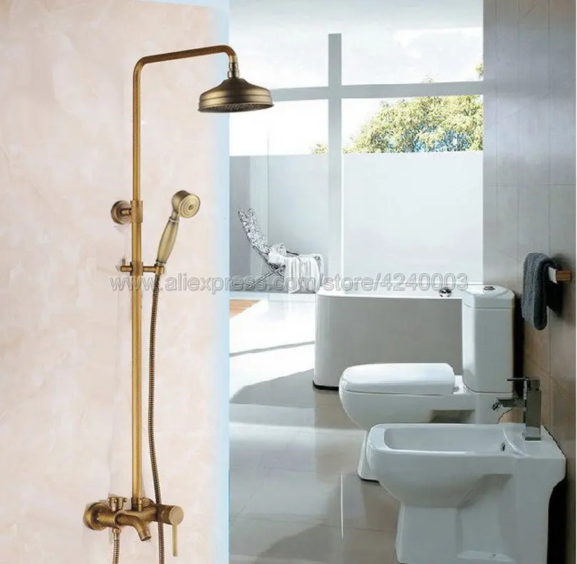 

Antique Brass 8" Rainfall Round Showerhead Bathroom Shower Mixer Taps Wall Mount Tub Shower Faucet with Handshower Krs184