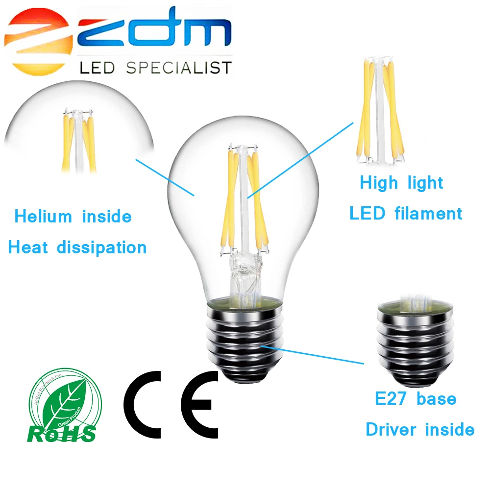ZDM светодиодный лампы в форме свечи C35 G45 ST64 винтажная лампа E14 E27 A60 220v глобус 2W 4W 6W 8W