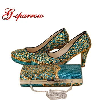 Blue and Gold Rhinestone Mixed Color Bridal Wedding Shoes with Handbag Gorgeous Lady Party Prom High Heels with Matching Bag
Blue and Gold Rhinestone Mixed Color Bridal Wedding Shoes with Handbag Gorgeous Lady Party Prom High Heels with Matching Bag
