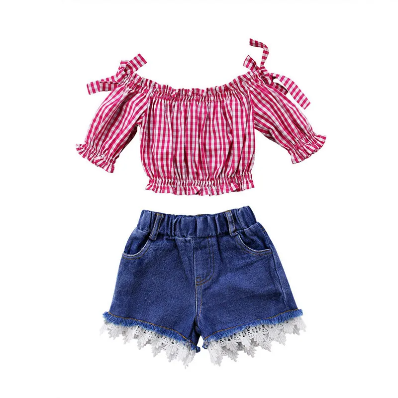 Toddler Kids Baby Girls Off Shoulder Tops T-shirt Lace Denim Pants Shorts Outfits 1-6T Half Cloth Plaid Ruffles Bare Midriff
Toddler Kids Baby Girls Off Shoulder Tops T-shirt Lace Denim Pants Shorts Outfits 1-6T Half Cloth Plaid Ruffles Bare Midriff