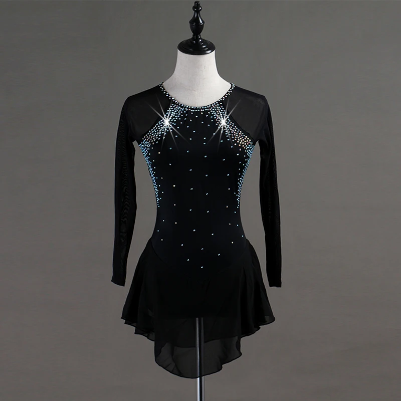 Фото Платье для фигурного катания женское блестящее черное темно-синее с длинным