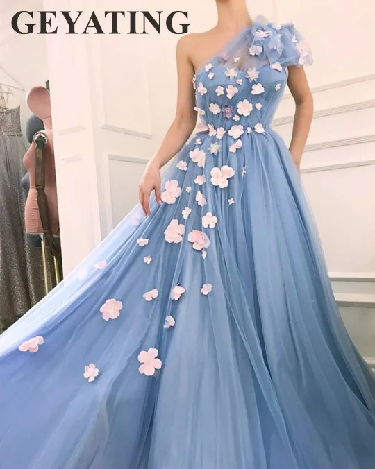 Elegant One Shoulder Sky Blue Floral Prom Dresses Long 2019 New 3D Flowers Tulle A-line Sweet Girls 16 Dress Evening Party Gowns
Elegant One Shoulder Sky Blue Floral Prom Dresses Long 2019 New 3D Flowers Tulle A-line Sweet Girls 16 Dress Evening Party Gowns