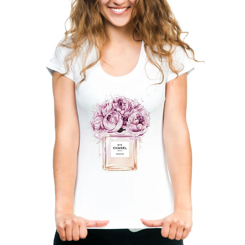 Womens T Shirts Slim Print Flower Perfume High Quality Woman O-neck Short Sleeve Tops White T-shirt Tops Camisetas Mujer Summer
Womens T Shirts Slim Print Flower Perfume High Quality Woman O-neck Short Sleeve Tops White T-shirt Tops Camisetas Mujer Summer