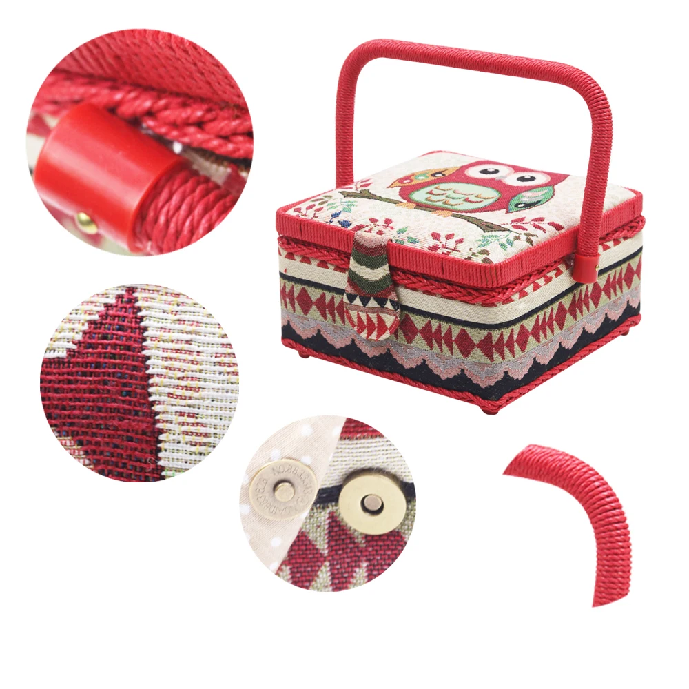 D/&D Vintage Sewing Basket with Accessories Extra Large Sewing Box Organizer for Sewing Supplies Storage Complete Sewing Kit Tools for Sewing Mending Owl