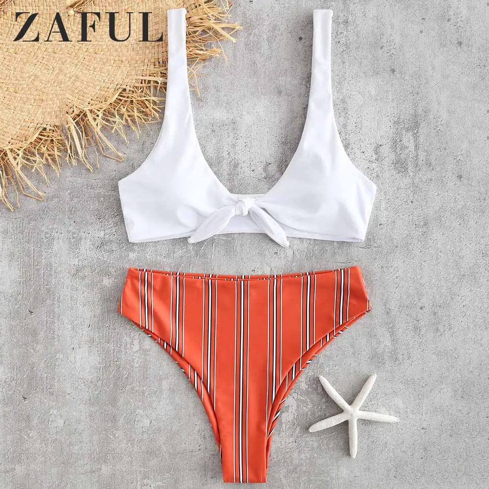 

ZAFUL Striped Knotted Bikini Set High Waisted Plunging Neck Wire Free Padded Swim Suit Holiday Pullover Sexy Women Bathing Suit