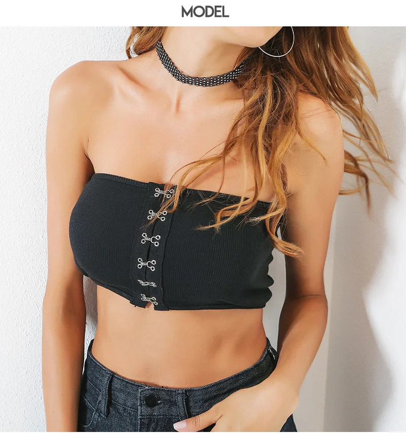 OUBINEW Tube Tops 17 summer metal button crop top shorts women top black a strapless shoulder wrap chest T1972 2