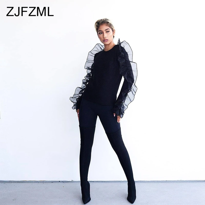 Side Cascading Ruffles Casual T Shirts For Women Black Round Neck Long Sleeve Bandage Top Casual Mesh Pathchwork Slim Fit Tee
Side Cascading Ruffles Casual T Shirts For Women Black Round Neck Long Sleeve Bandage Top Casual Mesh Pathchwork Slim Fit Tee