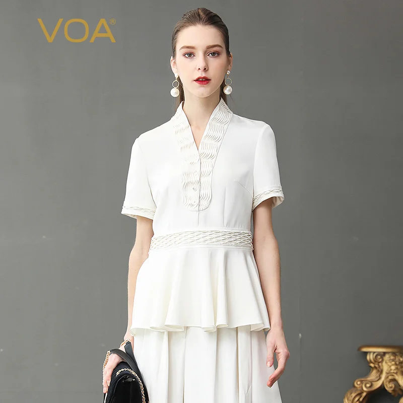 VOA Heavy Silk Women Tops Solid White Office Shirt V Neck Tee Chinese Style Vintage Slim Ruffles Summer B361
VOA Heavy Silk Women Tops Solid White Office Shirt V Neck Tee Chinese Style Vintage Slim Ruffles Summer B361