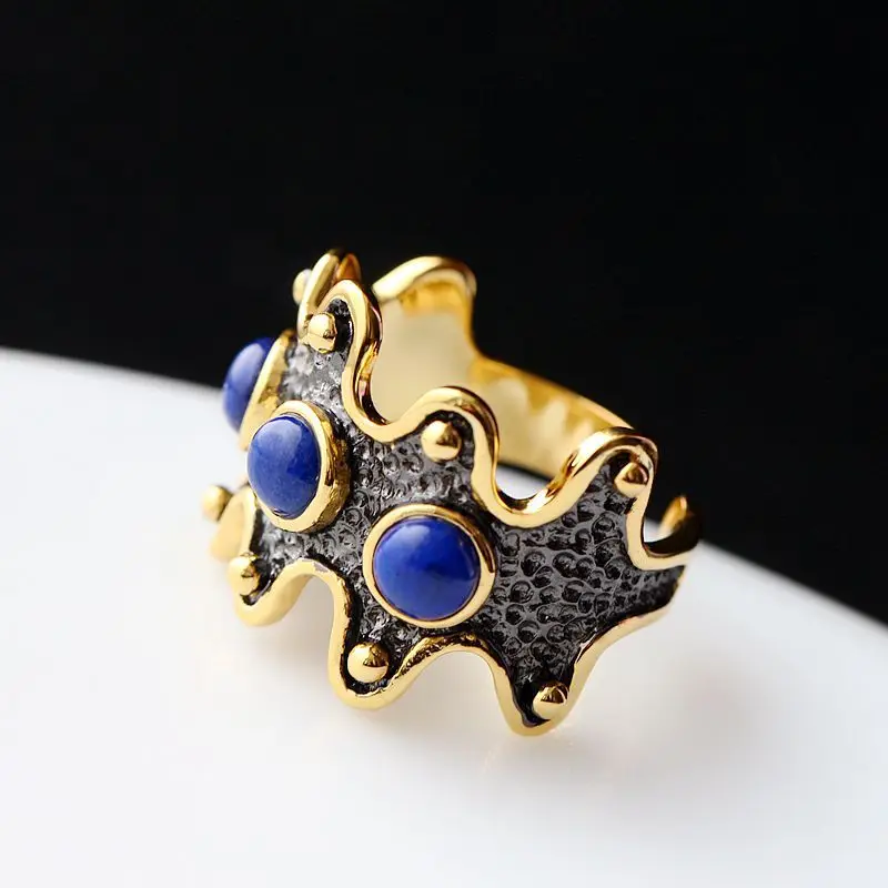 

Vintage Thai Silver Inlaid Natural South Red Agate Natural Lapis Lazuli Open Ended Ring S925 Sterling Silver Female Ring
