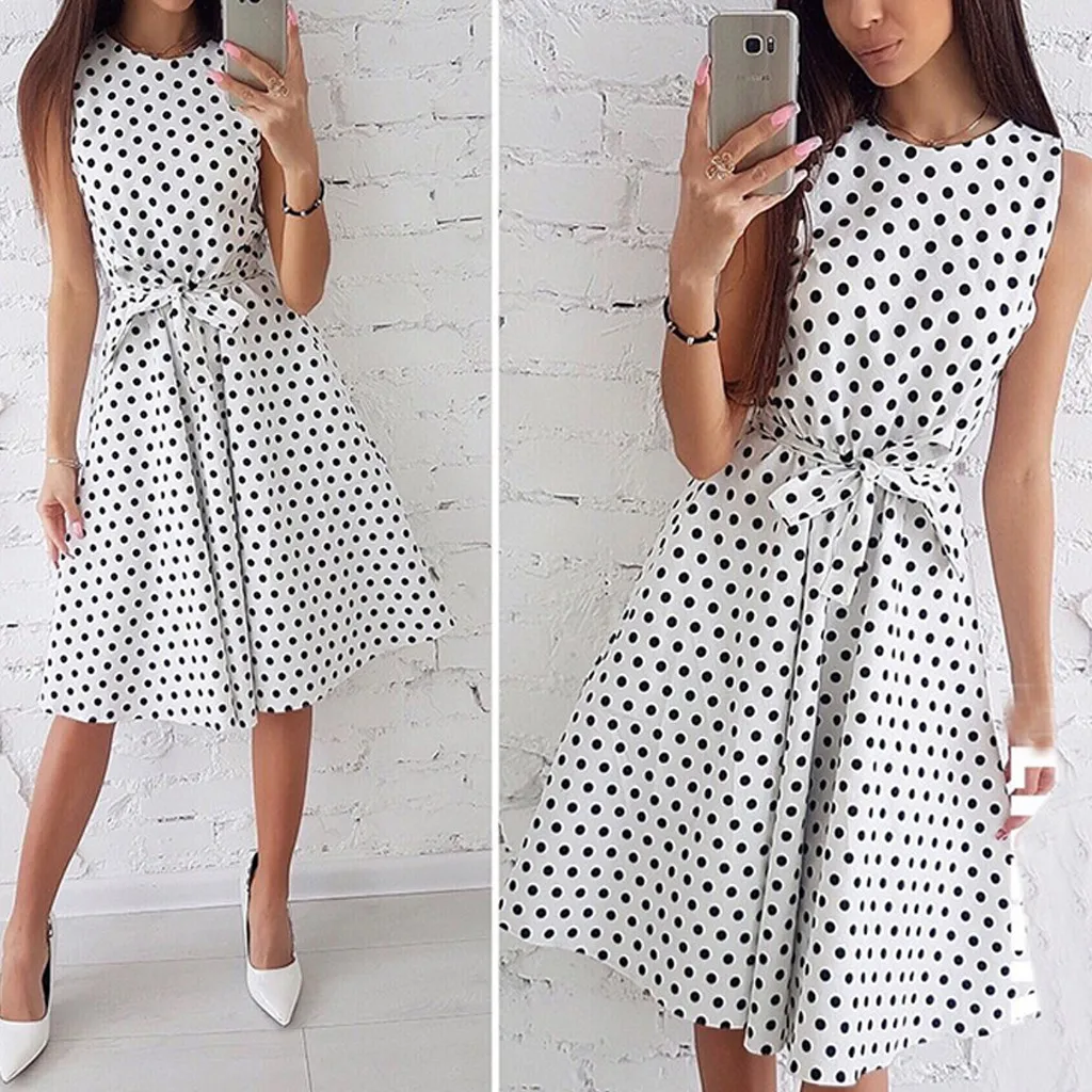 Ladys Summer Casual Sleeveless Polka Dot Print Round Collar With Belt Lace Up Dress Woman Vintage Chiffon Shirt Midi Dresses
Ladys Summer Casual Sleeveless Polka Dot Print Round Collar With Belt Lace Up Dress Woman Vintage Chiffon Shirt Midi Dresses