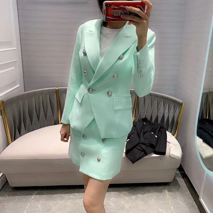 White/Green/Black Notched Double-breasted Blazer + Mini Skirt Features Buttoned - 2019 Women OL/Casual Two Piece Set
White/Green/Black Notched Double-breasted Blazer + Mini Skirt Features Buttoned - 2019 Women OL/Casual Two Piece Set