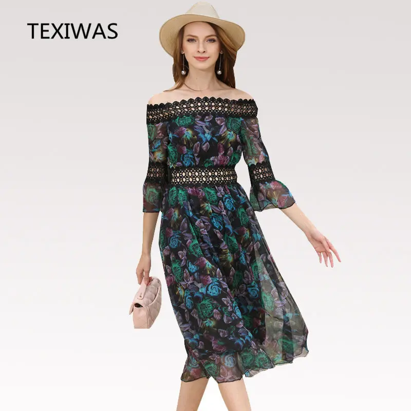 TEXIWAS 2018 summer new Long Sleeve Off shoulder fashion hollow crocheted women sexy slim Stitching chiffon Big swing dress
TEXIWAS 2018 summer new Long Sleeve Off shoulder fashion hollow crocheted women sexy slim Stitching chiffon Big swing dress