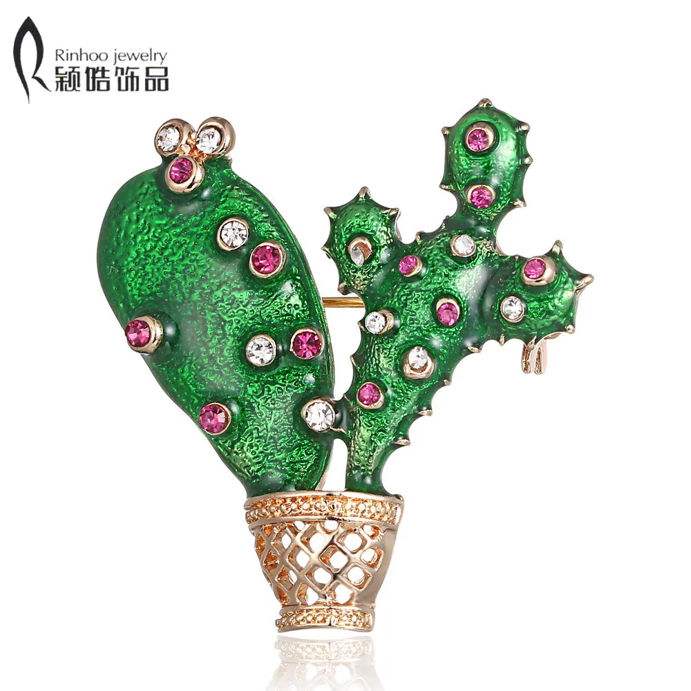 

Green Enamel Cactus Brooch pin Kids Lady Crystal Plant Brooches Corsage Suit Scarf Dress Decoration Gold-color Jewelry Bijoux