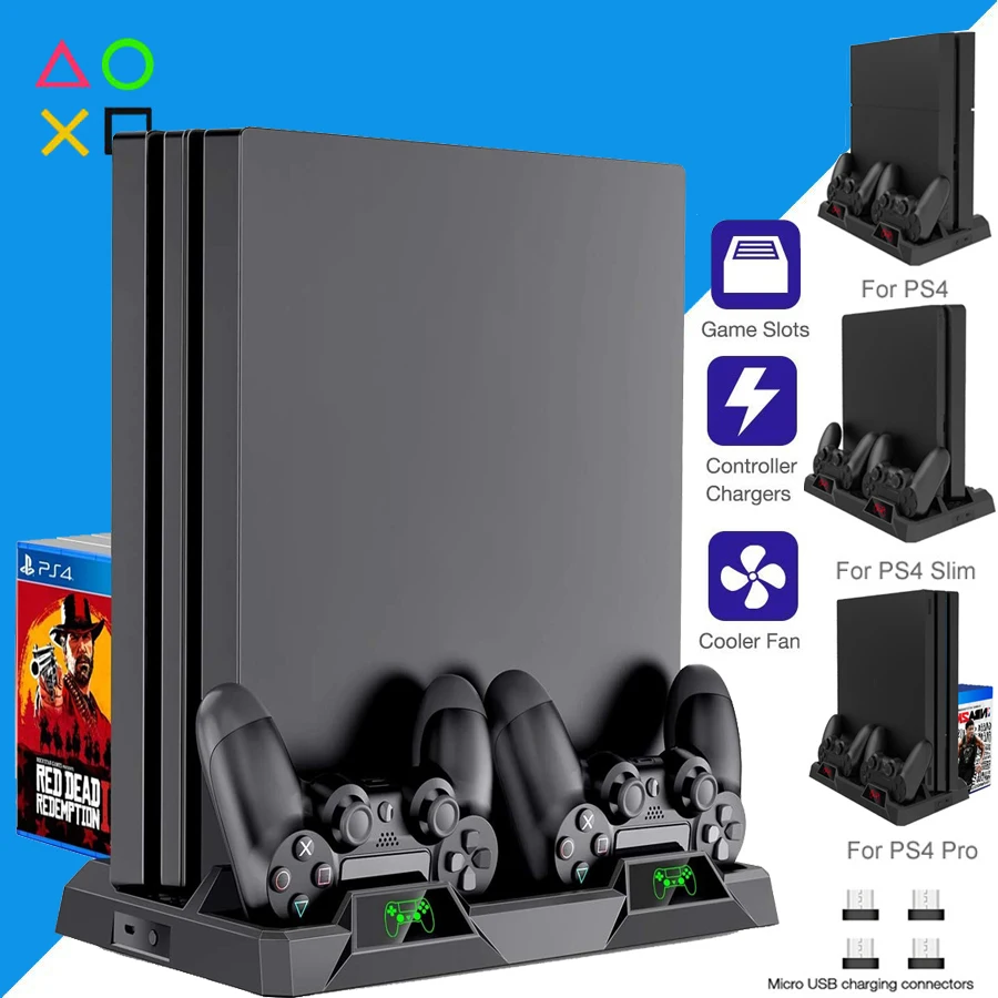 PS4/Pro/Slim Cooling Stand Cooler Fan Controller Charger Gamepad Charging Dock Games Dics Storage Play Station PS 4 Accessories
PS4/Pro/Slim Cooling Stand Cooler Fan Controller Charger Gamepad Charging Dock Games Dics Storage Play Station PS 4 Accessories