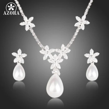 AZORA Flower Design Clear CZ With Water Drop Pearl Earrings and Pendant Necklace Jewelry Sets TG0134
AZORA Flower Design Clear CZ With Water Drop Pearl Earrings and Pendant Necklace Jewelry Sets TG0134