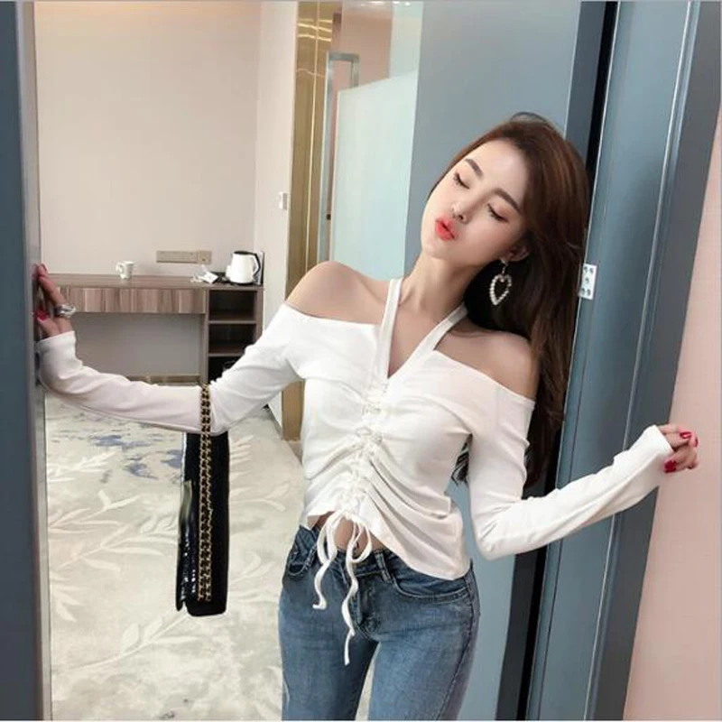 Hot Sexy Women Tops Tees Solid Color Long Sleeve Off Shoulder Halter Drawstring Pleated T shirts Women Slim Fit Women T-shirt
Hot Sexy Women Tops Tees Solid Color Long Sleeve Off Shoulder Halter Drawstring Pleated T shirts Women Slim Fit Women T-shirt