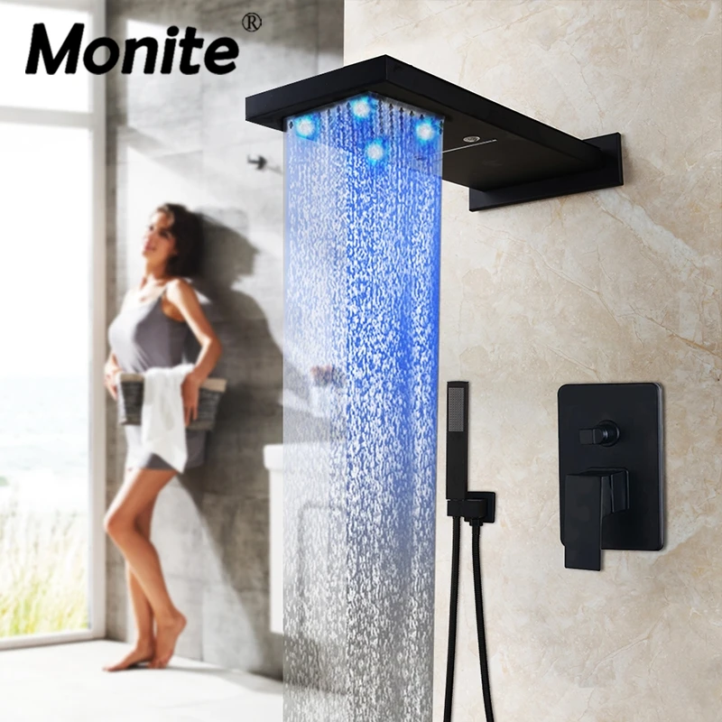 

Monite Chrome Polished LED Shower Head Black Painting Bathroom Shower Faucet Set Rainfall Waterfall 2 Fuction Mixer Shower Set