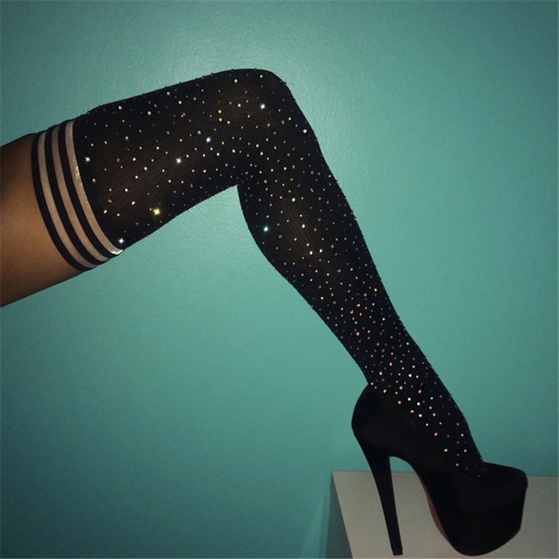 Блестящие блестящие длинные сапоги выше колена модные женские носки со стразами